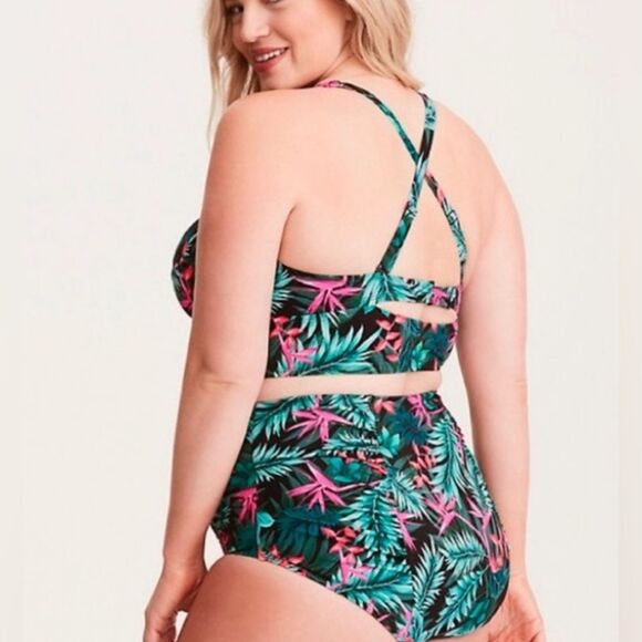 TORRID green palm and bird of paradise bikini set high waist black green 2x - Picture 2 of 13